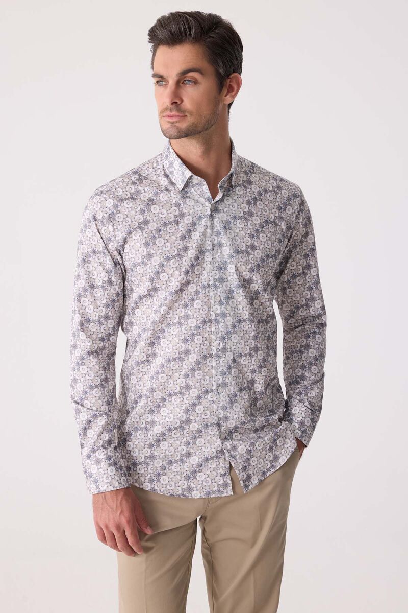 Erkek Bej Slim Fit Gizli Yaka Düğmeli Gömlek - 6
