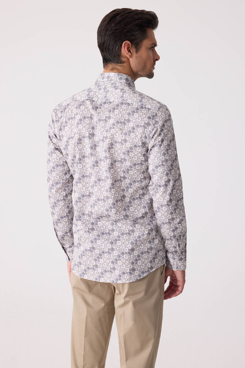 Erkek Bej Slim Fit Gizli Yaka Düğmeli Gömlek - 8