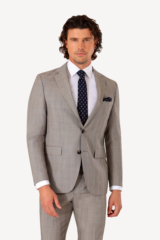 Erkek Bej Slim Fit Kareli Takım Elbise