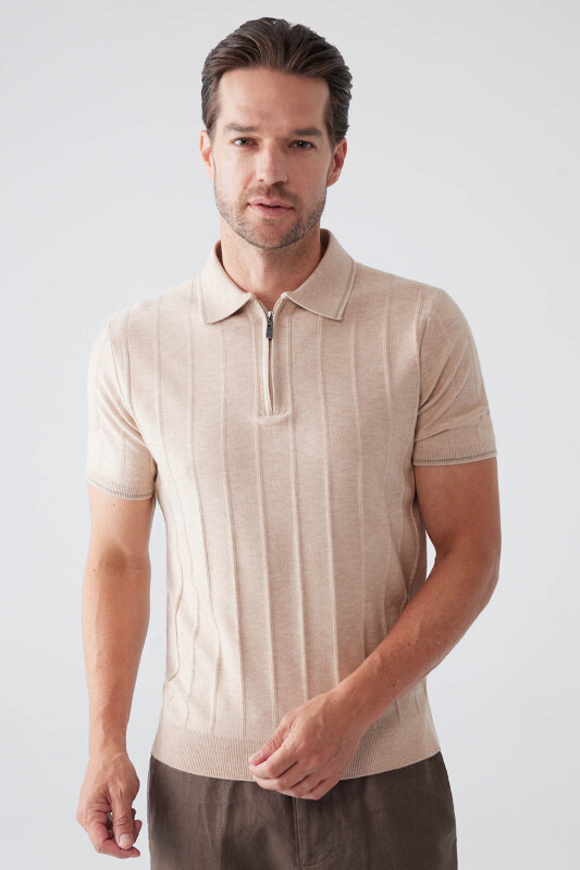 Erkek Bej Slim Fit Kaşmir Karışımlı Fermuarlı Polo Yaka Tişört