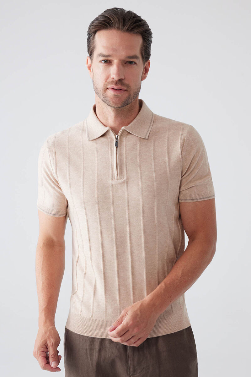 Erkek Bej Slim Fit Kaşmir Karışımlı Fermuarlı Polo Yaka Tişört - 1