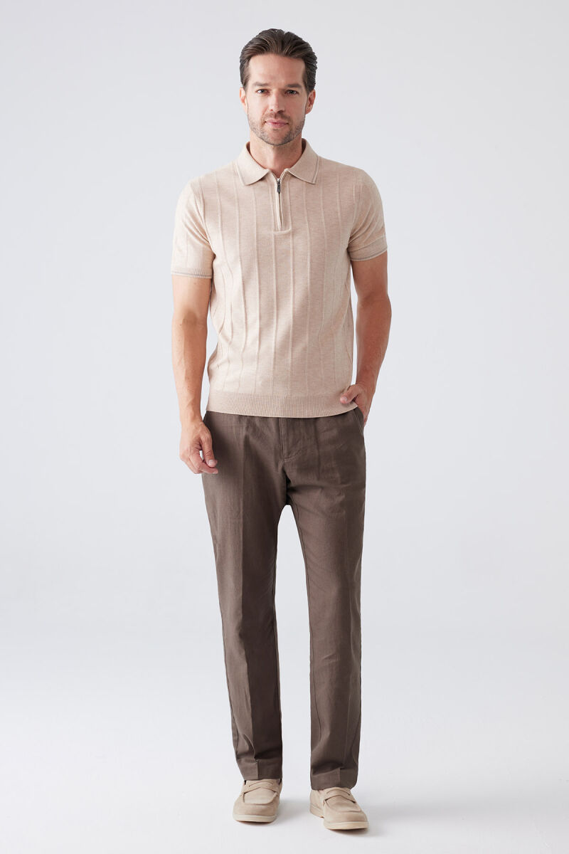 Erkek Bej Slim Fit Kaşmir Karışımlı Fermuarlı Polo Yaka Tişört - 2