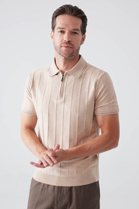 Erkek Bej Slim Fit Kaşmir Karışımlı Fermuarlı Polo Yaka Tişört
