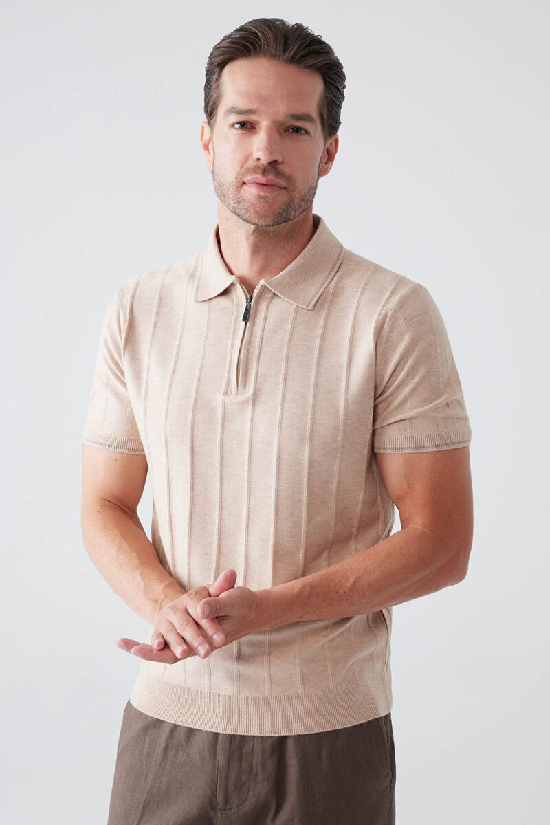 Erkek Bej Slim Fit Kaşmir Karışımlı Fermuarlı Polo Yaka Tişört - 3
