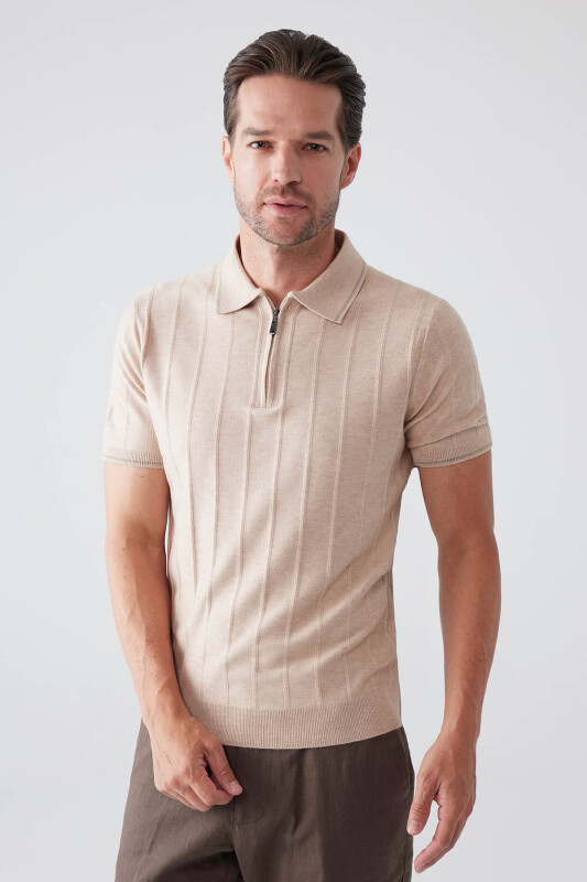 Erkek Bej Slim Fit Kaşmir Karışımlı Fermuarlı Polo Yaka Tişört