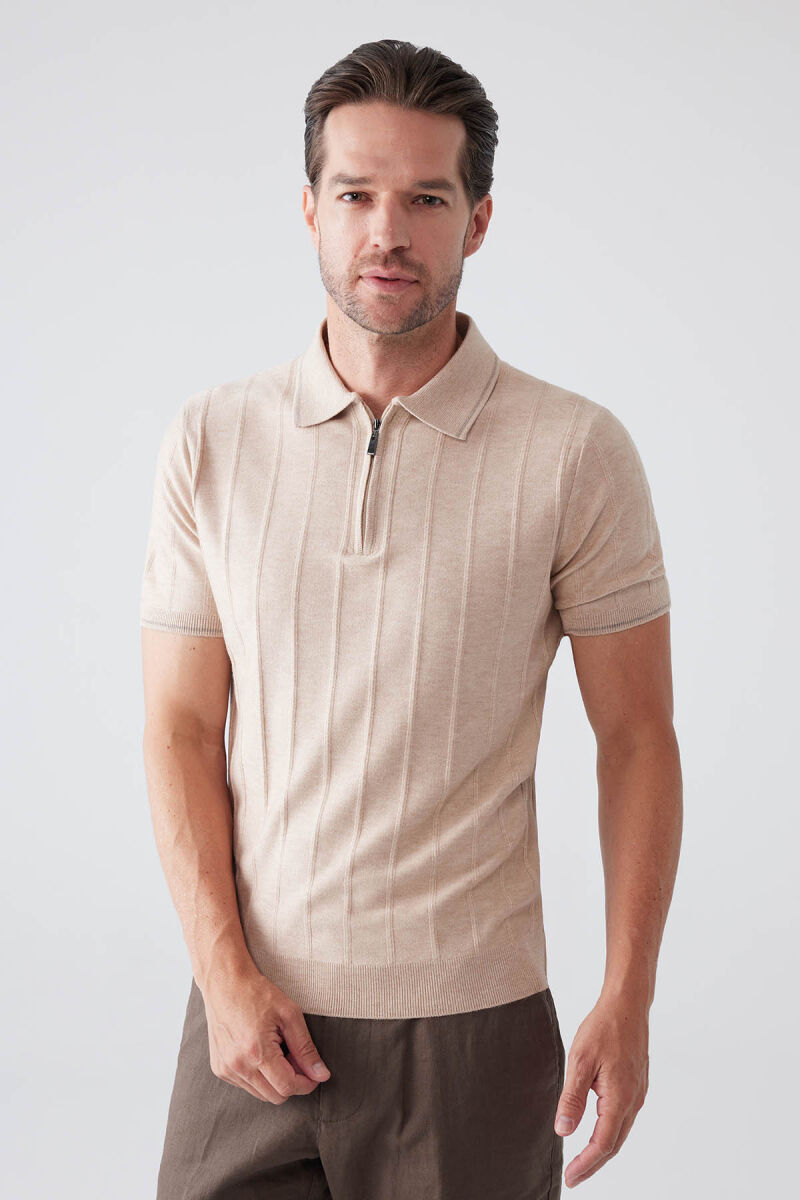 Erkek Bej Slim Fit Kaşmir Karışımlı Fermuarlı Polo Yaka Tişört - 4