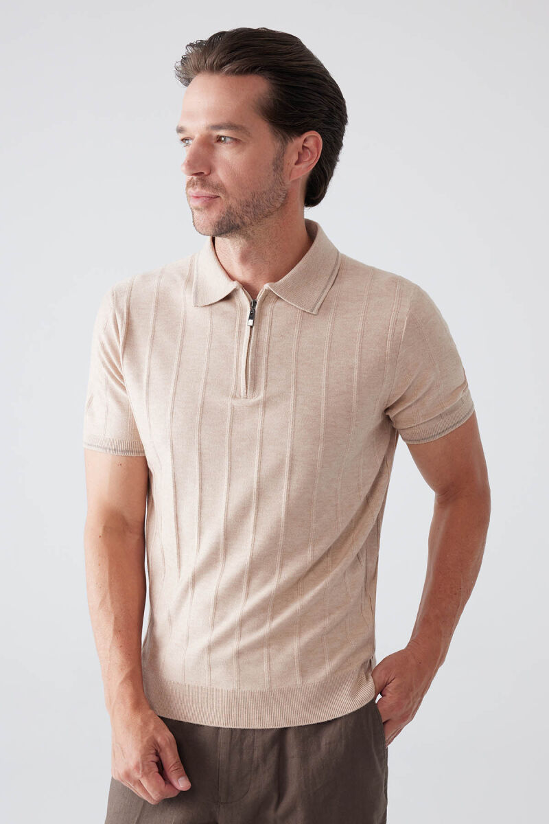 Erkek Bej Slim Fit Kaşmir Karışımlı Fermuarlı Polo Yaka Tişört - 5