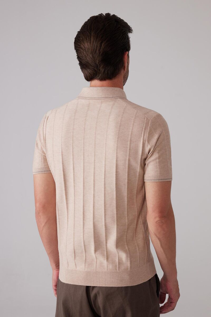 Erkek Bej Slim Fit Kaşmir Karışımlı Fermuarlı Polo Yaka Tişört - 8