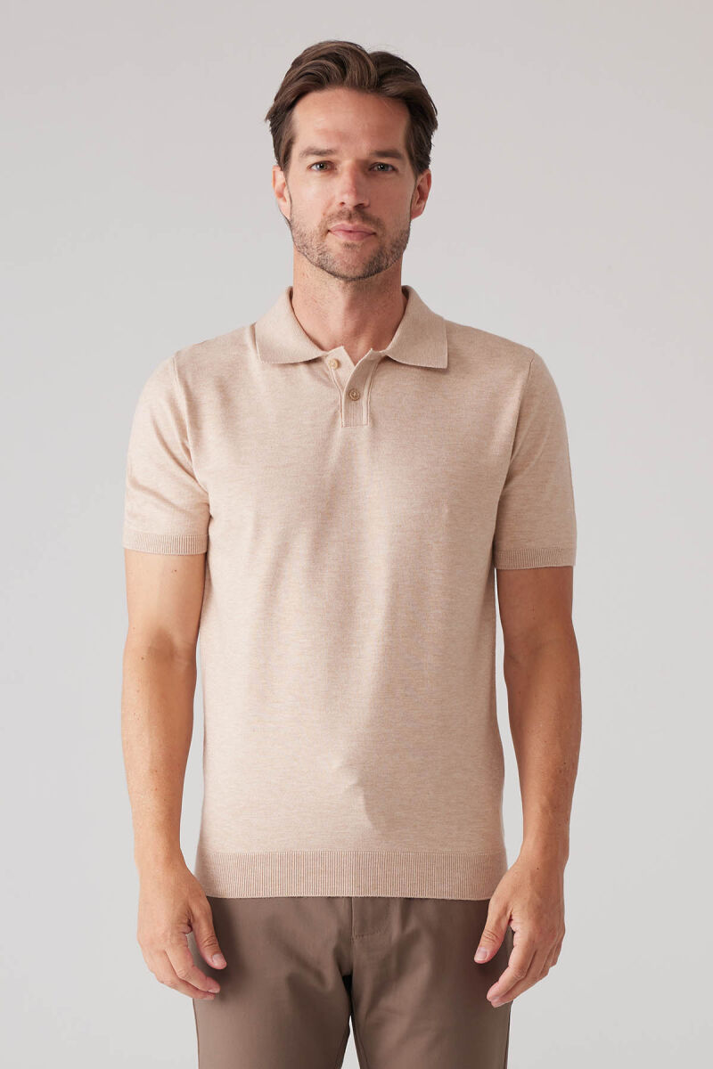 Erkek Bej Slim Fit Kaşmir Karışımlı Polo Yaka Tişört - 1