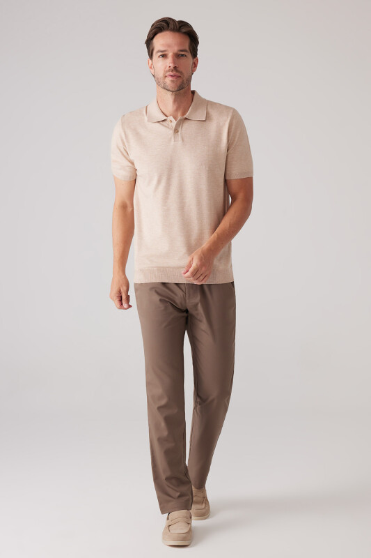 Erkek Bej Slim Fit Kaşmir Karışımlı Polo Yaka Tişört