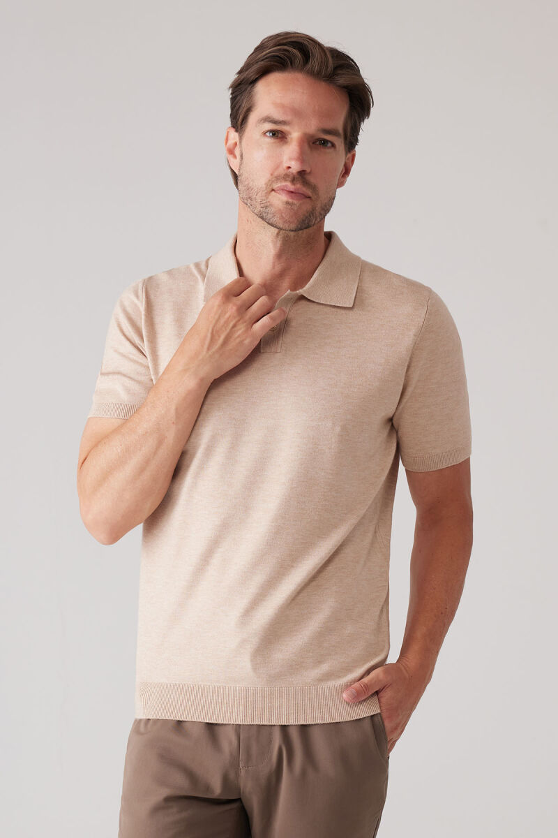Erkek Bej Slim Fit Kaşmir Karışımlı Polo Yaka Tişört - 3
