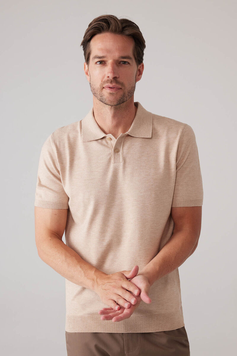 Erkek Bej Slim Fit Kaşmir Karışımlı Polo Yaka Tişört - 4