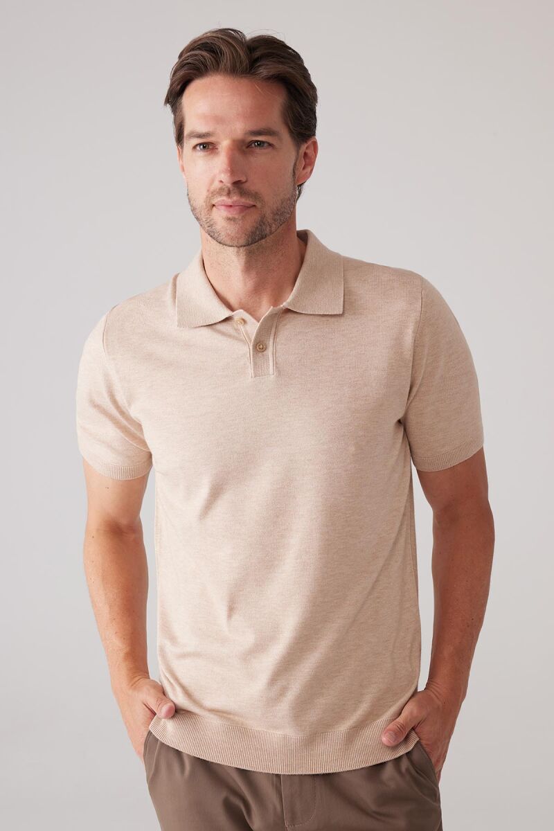 Erkek Bej Slim Fit Kaşmir Karışımlı Polo Yaka Tişört - 5