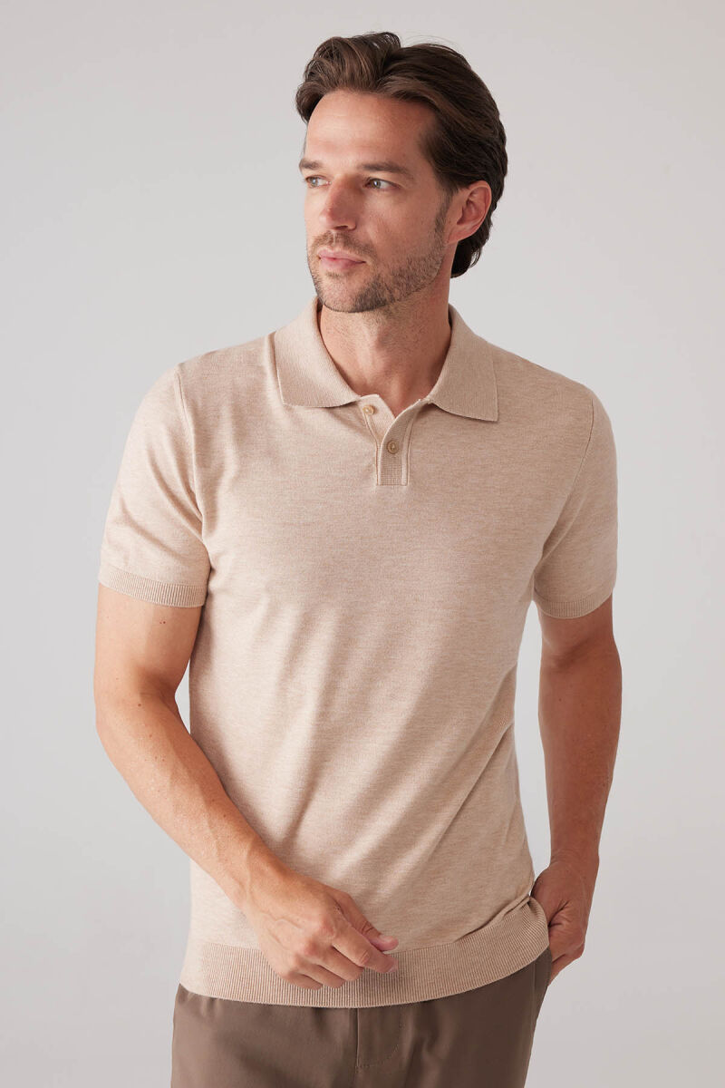 Erkek Bej Slim Fit Kaşmir Karışımlı Polo Yaka Tişört - 6