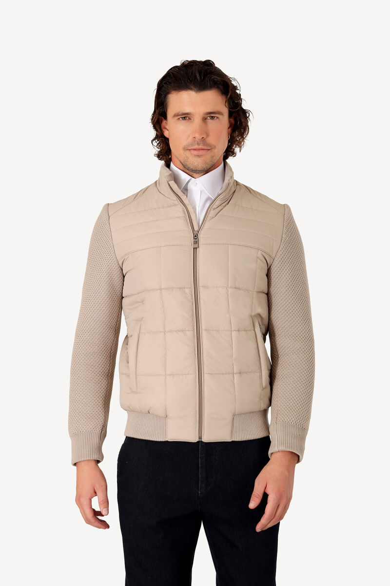 Erkek Bej Slim Fit Kolu Trikolu Mont - 1