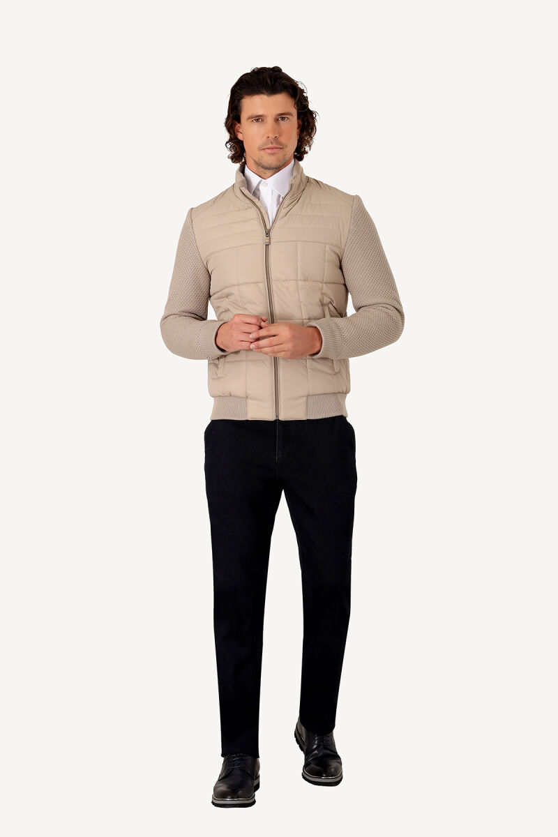 Erkek Bej Slim Fit Kolu Trikolu Mont - 2