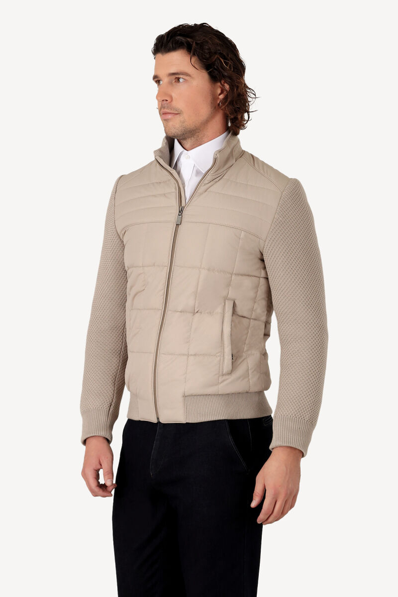 Erkek Bej Slim Fit Kolu Trikolu Mont - 3