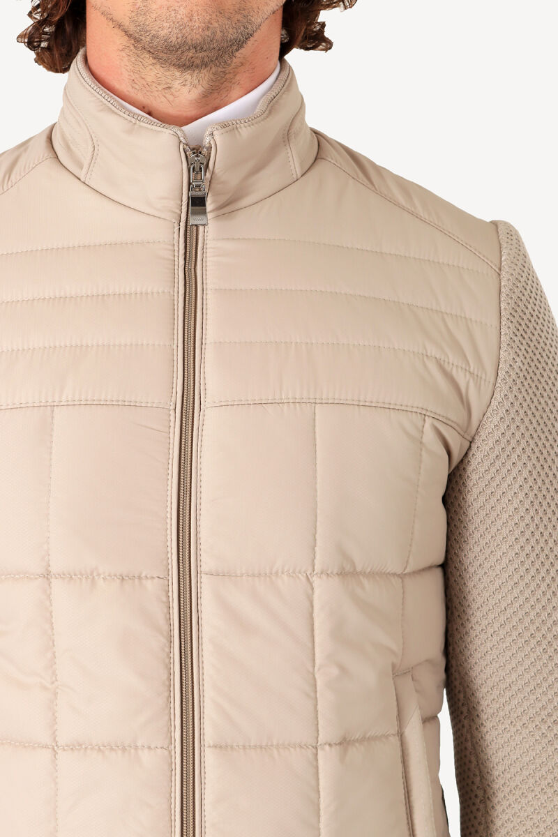 Erkek Bej Slim Fit Kolu Trikolu Mont - 4