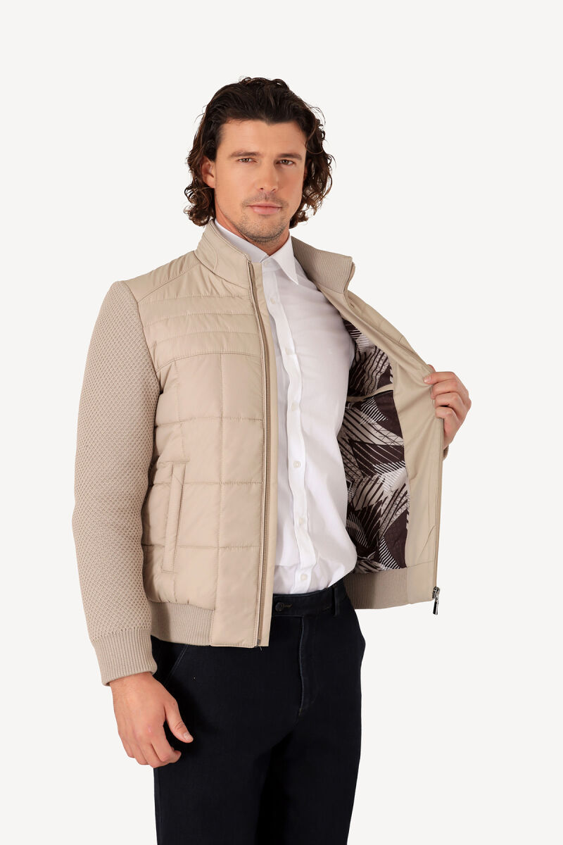 Erkek Bej Slim Fit Kolu Trikolu Mont - 6