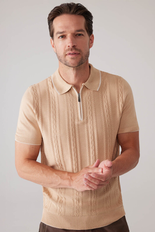 Erkek Bej Slim Fit Örgü Desen Fermuarlı Polo Yaka Tişört