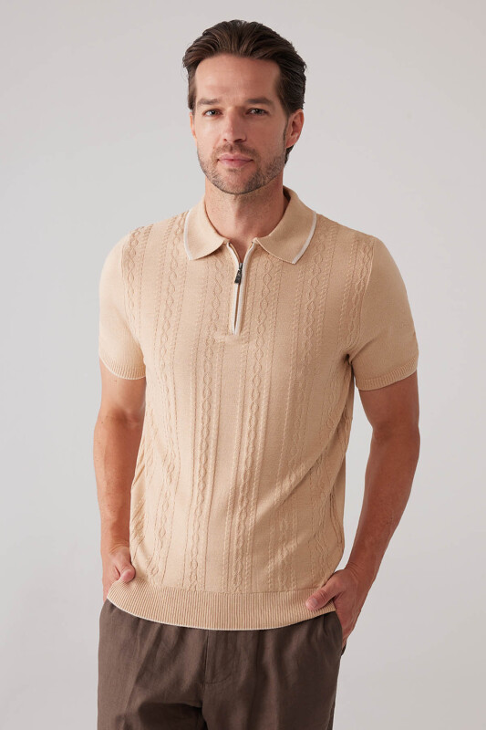 Erkek Bej Slim Fit Örgü Desen Fermuarlı Polo Yaka Tişört