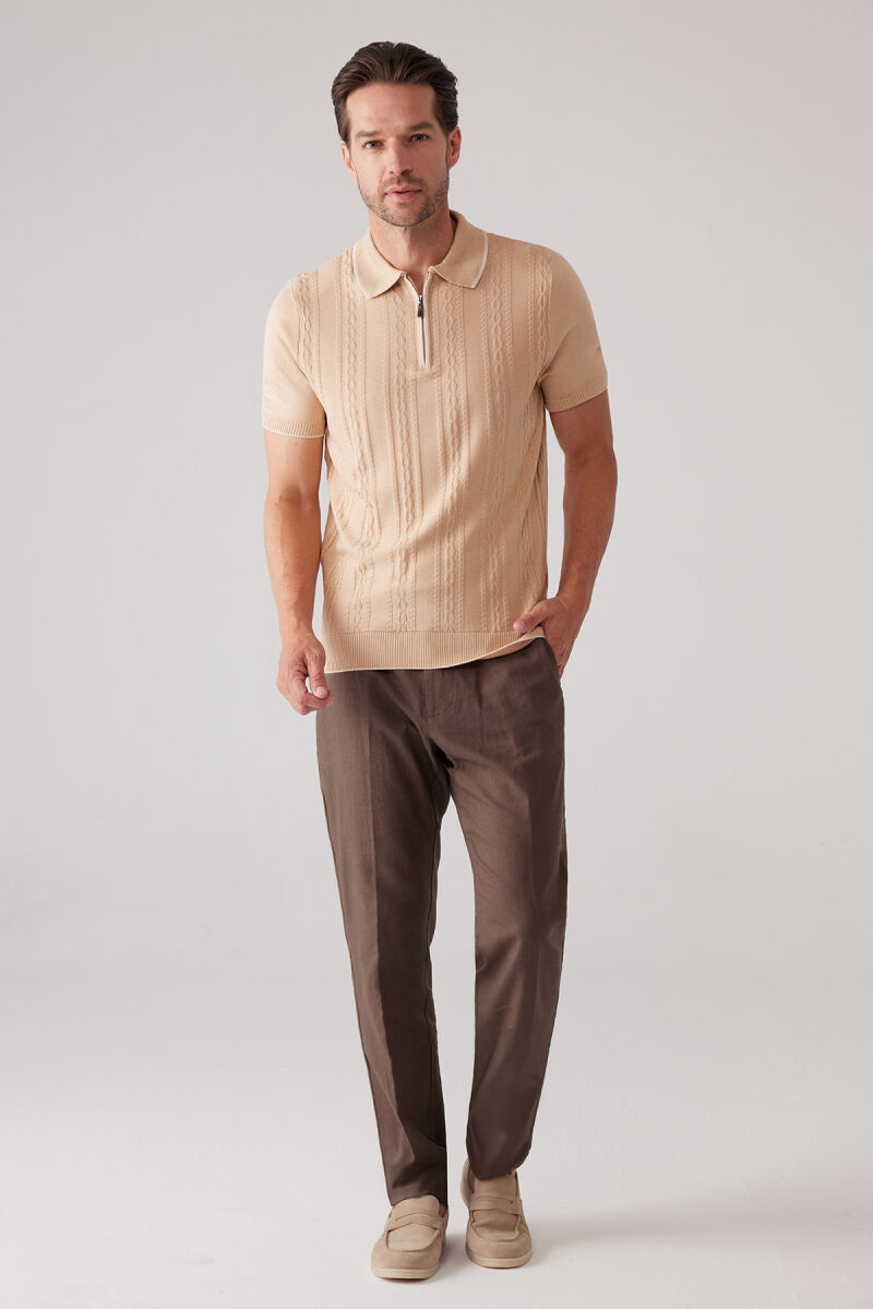 Erkek Bej Slim Fit Örgü Desen Fermuarlı Polo Yaka Tişört - 3