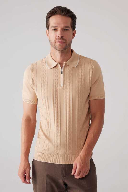 Erkek Bej Slim Fit Örgü Desen Fermuarlı Polo Yaka Tişört
