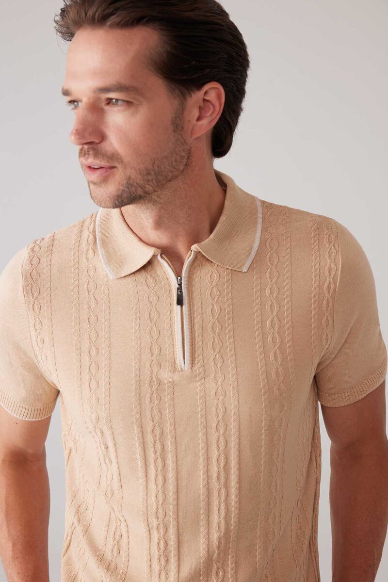 Erkek Bej Slim Fit Örgü Desen Fermuarlı Polo Yaka Tişört - 6
