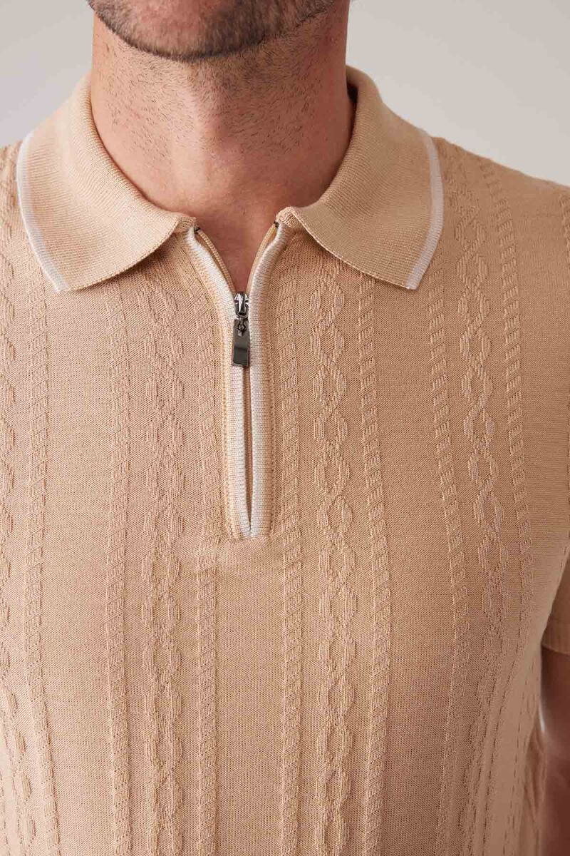 Erkek Bej Slim Fit Örgü Desen Fermuarlı Polo Yaka Tişört - 7
