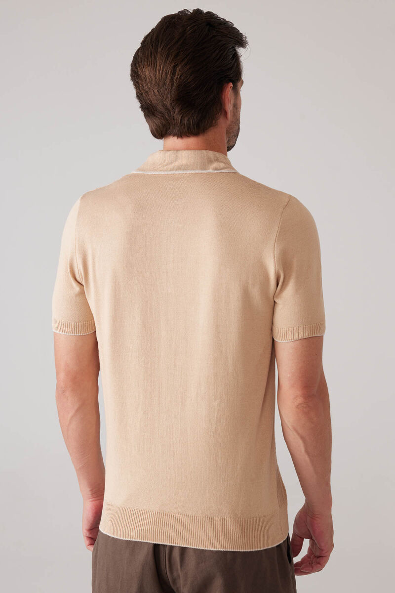 Erkek Bej Slim Fit Örgü Desen Fermuarlı Polo Yaka Tişört - 8