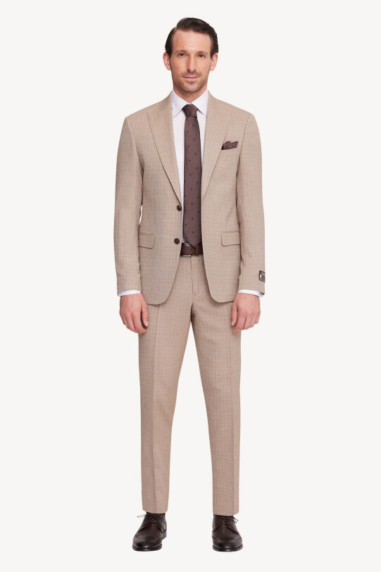 Erkek Bej Slim Fit Sivri Yaka Takım Elbise
