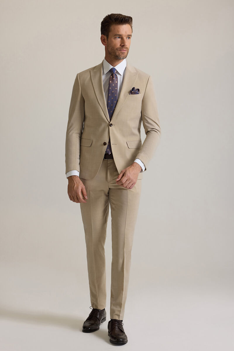 Erkek Bej Slim Fit Sivri Yaka Takım Elbise - 1