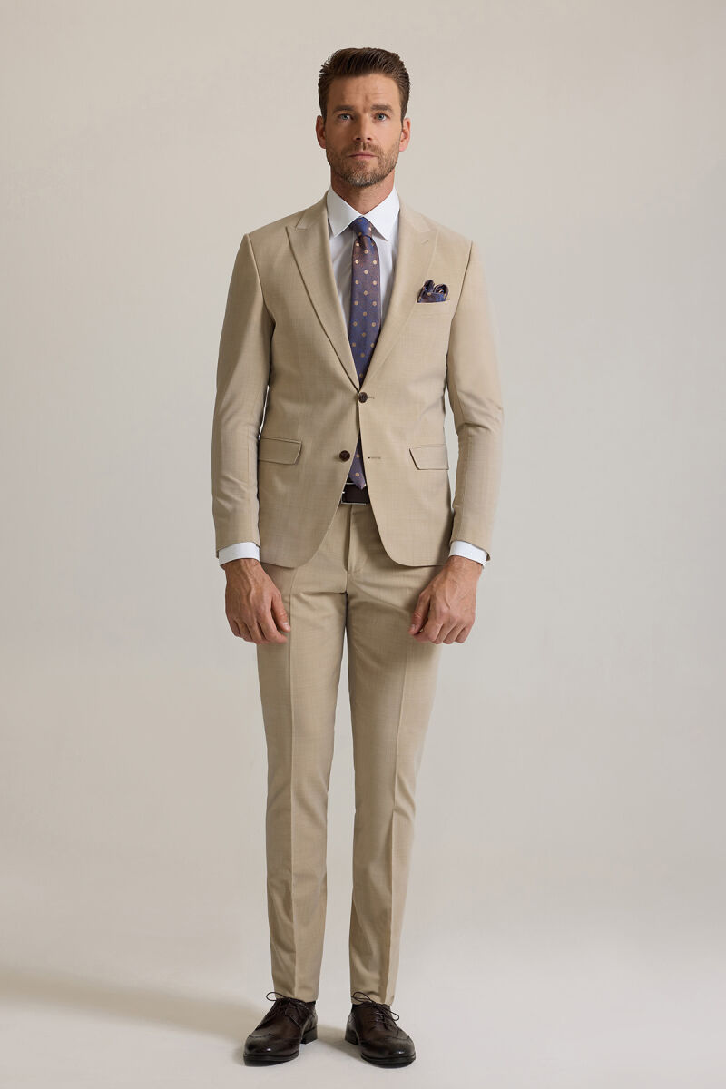 Erkek Bej Slim Fit Sivri Yaka Takım Elbise - 2