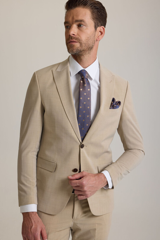 Erkek Bej Slim Fit Sivri Yaka Takım Elbise