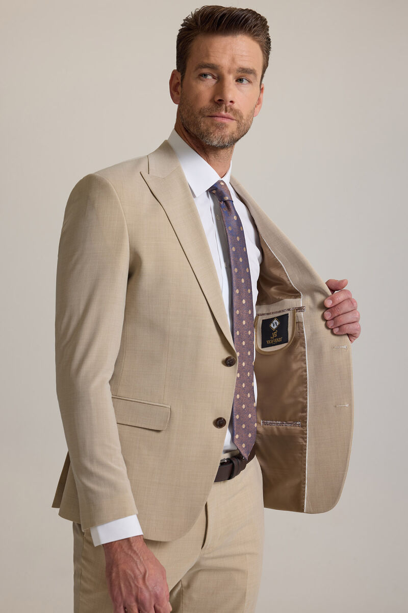 Erkek Bej Slim Fit Sivri Yaka Takım Elbise - 5