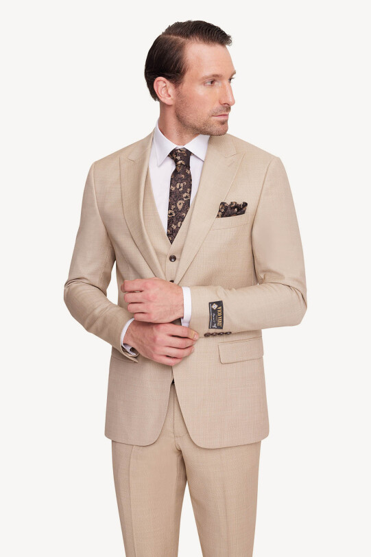 Erkek Bej Slim Fit Sivri Yaka Takım Elbise