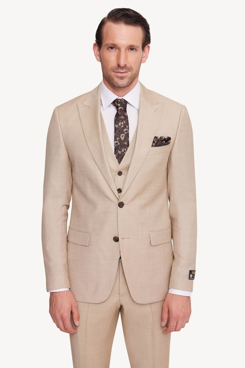 Erkek Bej Slim Fit Sivri Yaka Takım Elbise - 3