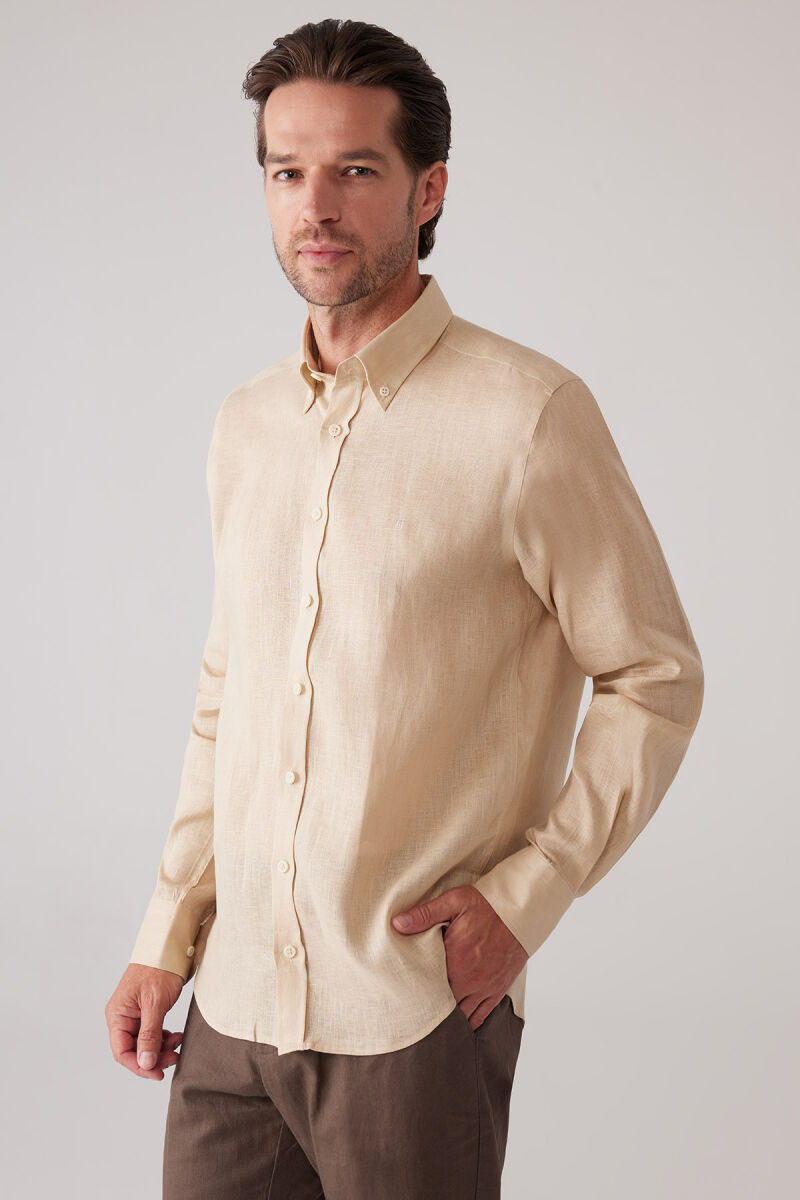 Erkek Bej Slim Fit Yaka Düğmeli %100 Keten Gömlek - 5