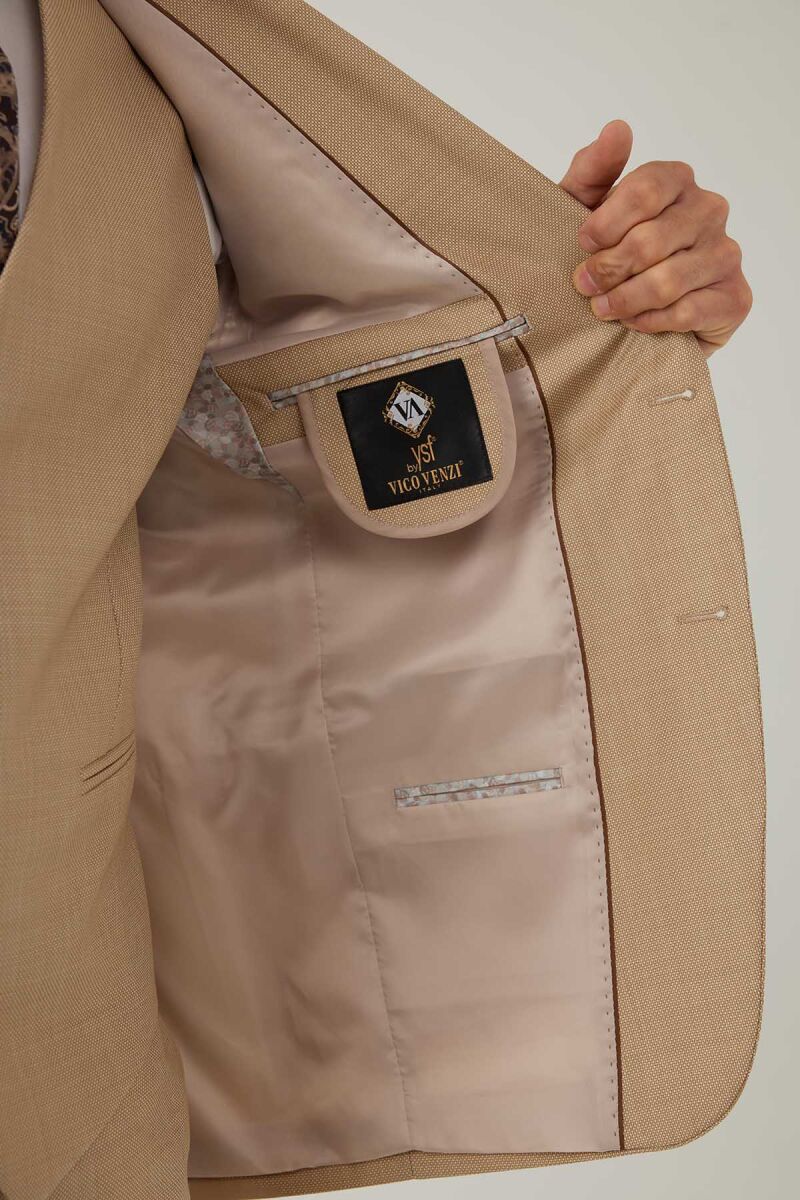 Erkek Bej Slim Fit Yelekli İtalyan Kumaş Sivri Yaka Takım Elbise - 10
