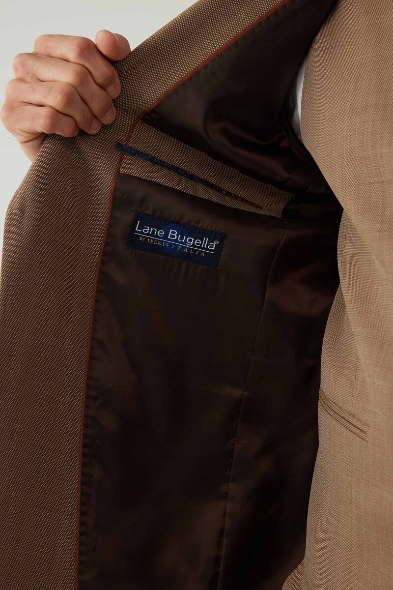 Erkek Bej Slim Fit Yelekli Sivri Yaka Takım Elbise - 8