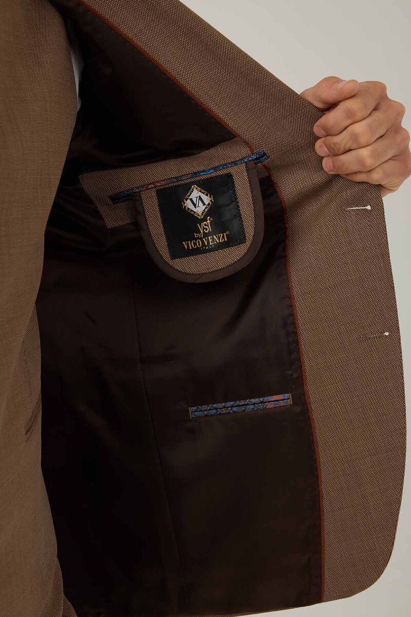 Erkek Bej Slim Fit Yelekli Sivri Yaka Takım Elbise - 9