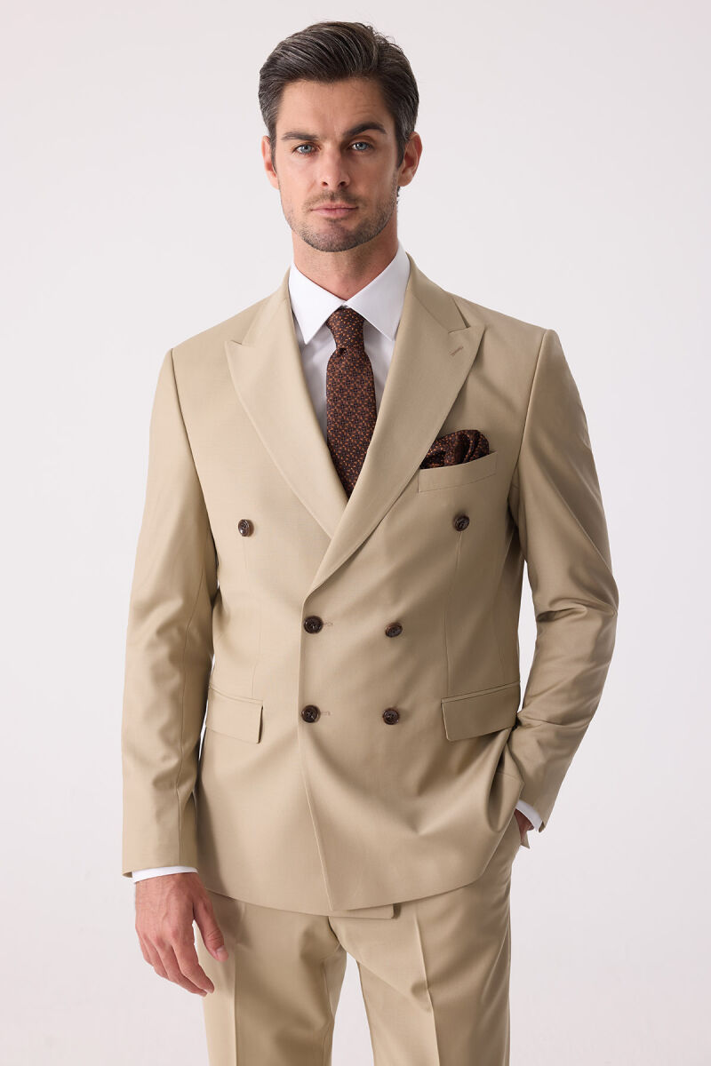 Erkek Bej Slim Fit Yün Kruvaze Takım Elbise - 1