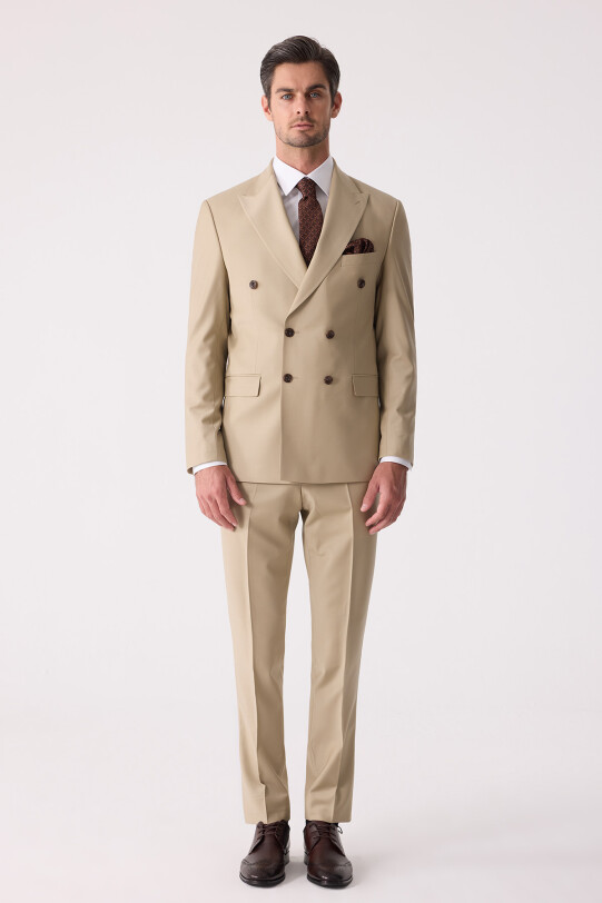 Erkek Bej Slim Fit Yün Kruvaze Takım Elbise