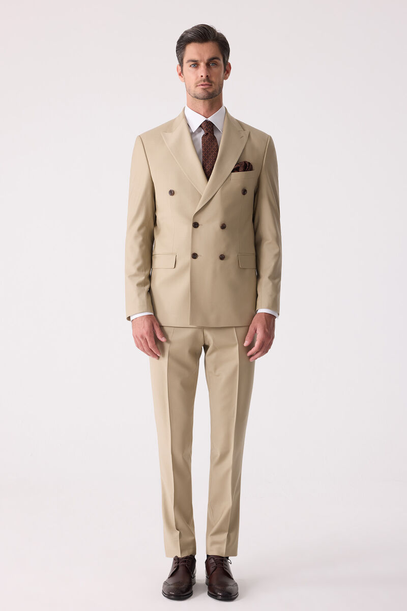 Erkek Bej Slim Fit Yün Kruvaze Takım Elbise - 2