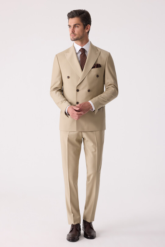 Erkek Bej Slim Fit Yün Kruvaze Takım Elbise