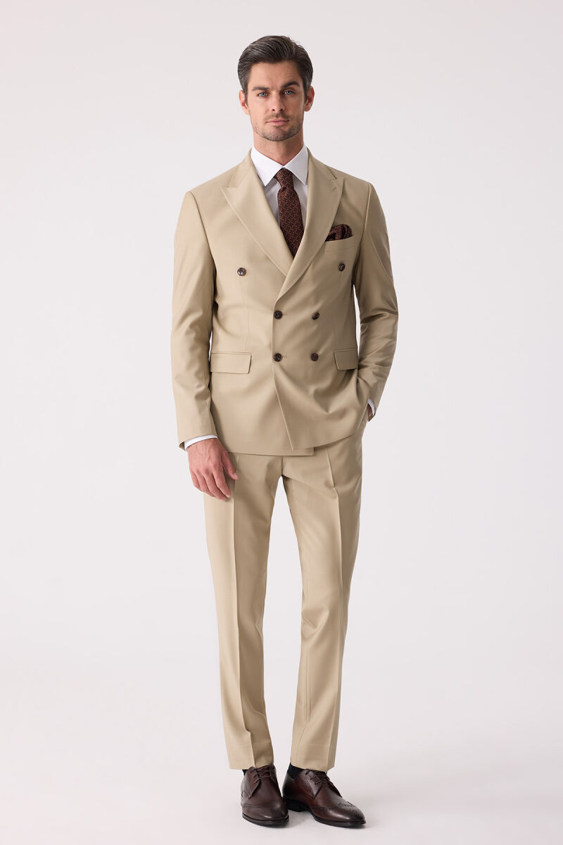 Erkek Bej Slim Fit Yün Kruvaze Takım Elbise - 4