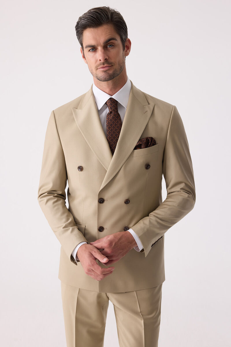 Erkek Bej Slim Fit Yün Kruvaze Takım Elbise - 5