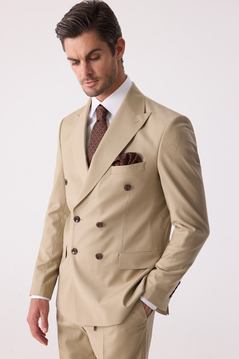 Erkek Bej Slim Fit Yün Kruvaze Takım Elbise - 6