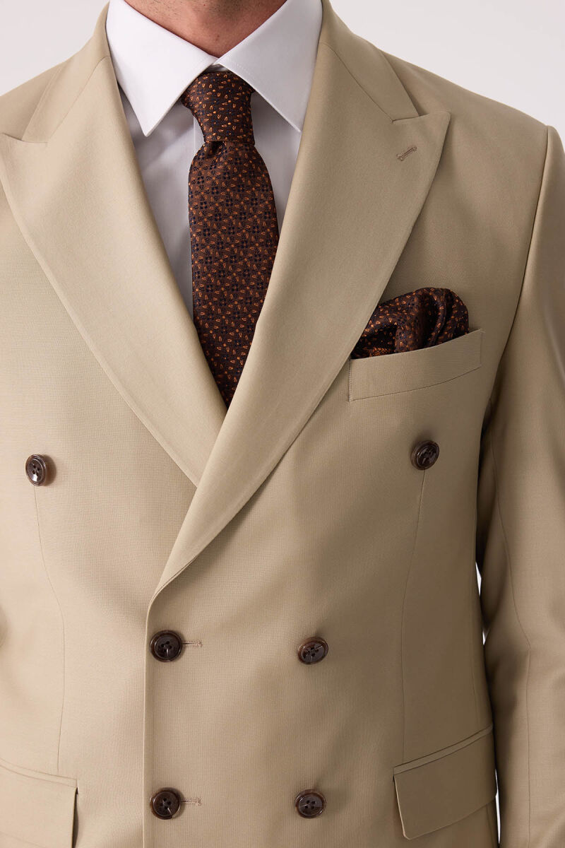 Erkek Bej Slim Fit Yün Kruvaze Takım Elbise - 8