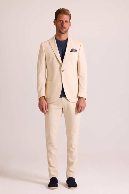 Erkek Bej Takım Elbise Keten Slim Fit Sivri Yaka